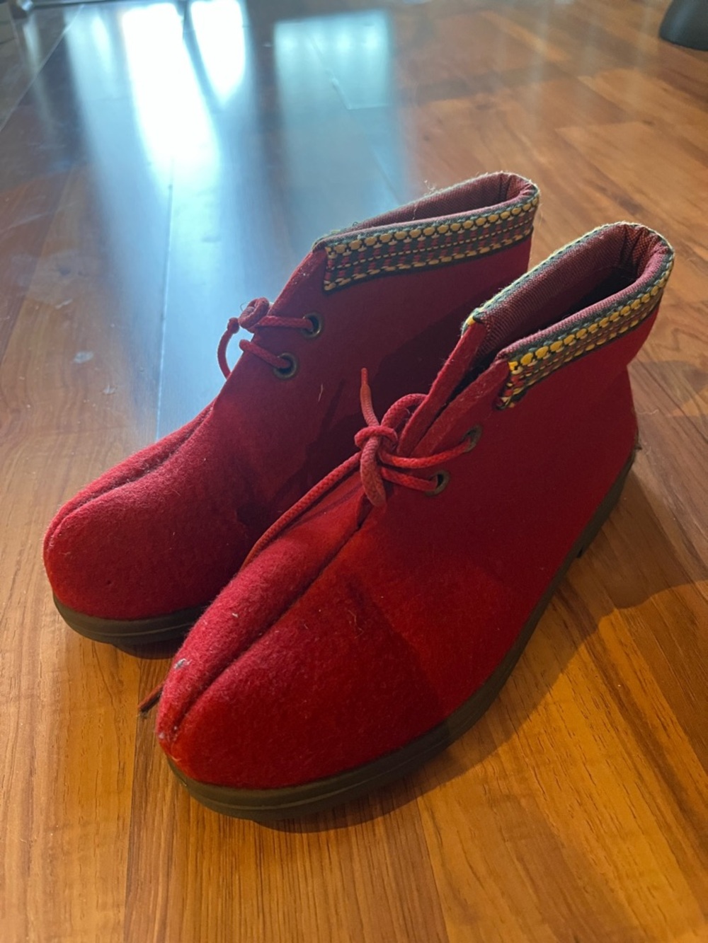 Red Felt Lace-Up Ankle Boots
